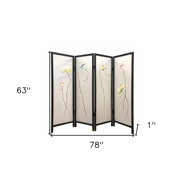 63" Black and White Fabric Folding Four Panel Screen Room Divider HomeRoots
