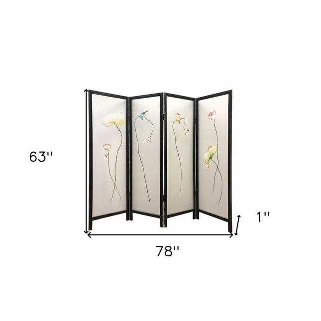 63" Black and White Fabric Folding Four Panel Screen Room Divider HomeRoots