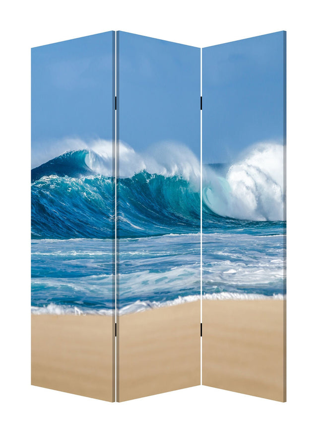 72" Blue and White Canvas Folding Three Panel Screen Room Divider HomeRoots