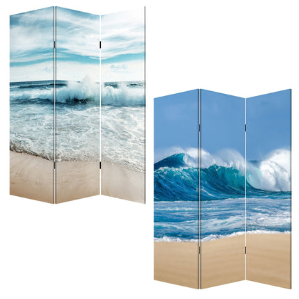 72" Blue and White Canvas Folding Three Panel Screen Room Divider HomeRoots