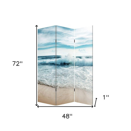 72" Blue and White Canvas Folding Three Panel Screen Room Divider HomeRoots