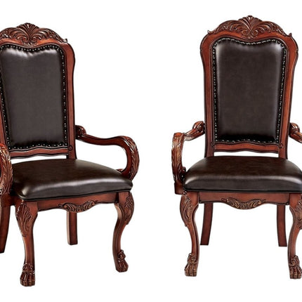 Set of Two Brown Upholstered Faux Leather Queen Anne Back Dining Arm Chairs HomeRoots