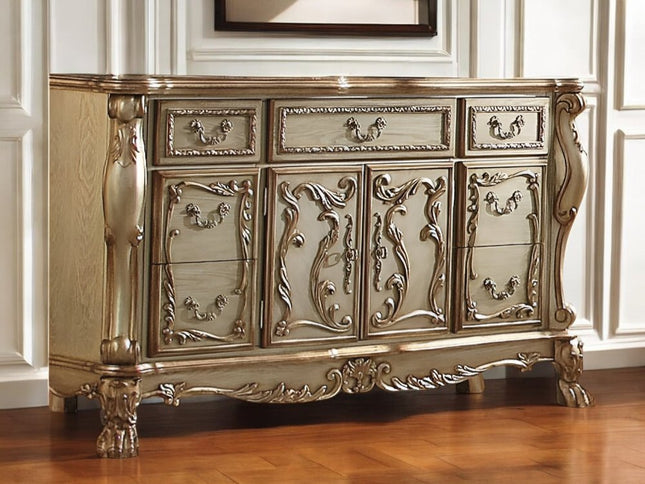66" Gold Solid Wood Carved Scrollwork Seven Drawer Sideboard with Two Doors HomeRoots