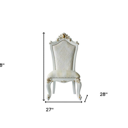 Set of Two 27" Beige and White Faux Leather Damask Side Chair HomeRoots