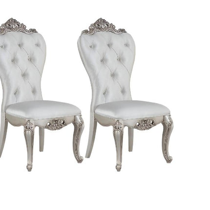 Set of Two Cream and Antiqued White Upholstered Fabric Queen Anne Back Dining Side Chairs