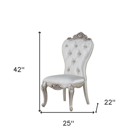 Set of Two Cream and Antiqued White Upholstered Fabric Queen Anne Back Dining Side Chairs