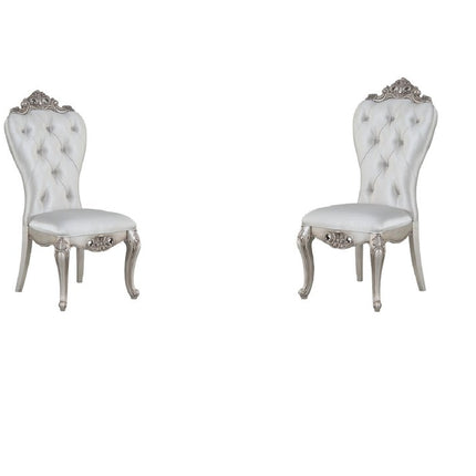 Set of Two Cream and Antiqued White Upholstered Fabric Queen Anne Back Dining Side Chairs
