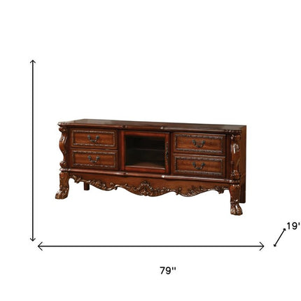 74" Off White Carved Scrollwork Glass And Solid and Manufactured Wood Enclosed and Open Storage Entertainment Center HomeRoots