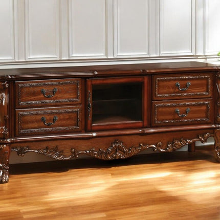 74" Off White Carved Scrollwork Glass And Solid and Manufactured Wood Enclosed and Open Storage Entertainment Center