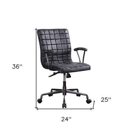 24" X 25" X 36" Vintage Black Top Grain Leather Aluminum Metal Upholstered (Seat) Casters Engineered Wood Executive Office Chair HomeRoots
