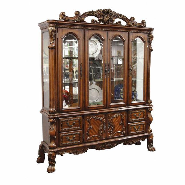 19" X 74" X 89" Cherry Oak Wood Poly Resin Glass Hutch  Buffet HomeRoots
