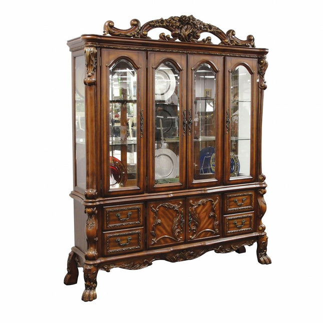 19" X 74" X 89" Cherry Oak Wood Poly Resin Glass Hutch  Buffet HomeRoots