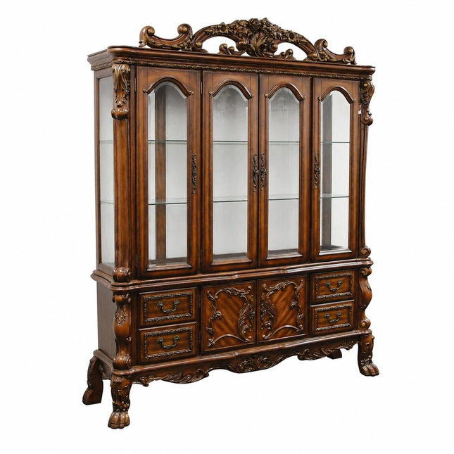 19" X 74" X 89" Cherry Oak Wood Poly Resin Glass Hutch  Buffet HomeRoots
