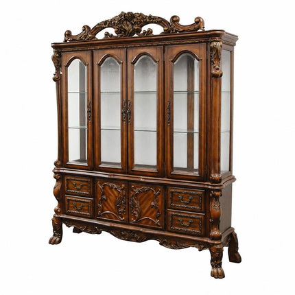19" X 74" X 89" Cherry Oak Wood Poly Resin Glass Hutch  Buffet HomeRoots