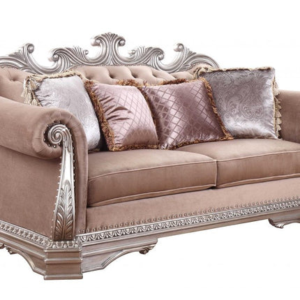 80" Champagne Velour Loveseat and Toss Pillows HomeRoots
