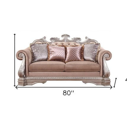 80" Champagne Velour Loveseat and Toss Pillows HomeRoots