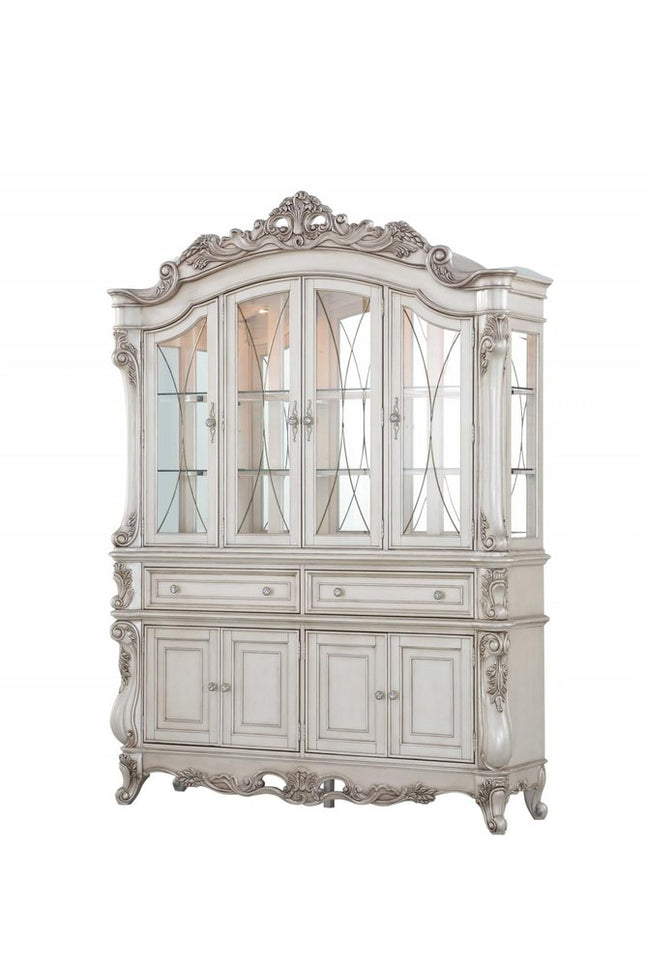24" X 75" X 106" Antique White Wood Glass Mirror Hutch  Buffet HomeRoots
