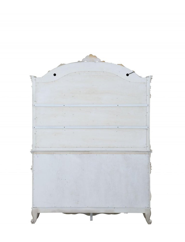24" X 75" X 106" Antique White Wood Glass Mirror Hutch  Buffet HomeRoots