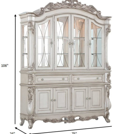 24" X 75" X 106" Antique White Wood Glass Mirror Hutch  Buffet HomeRoots