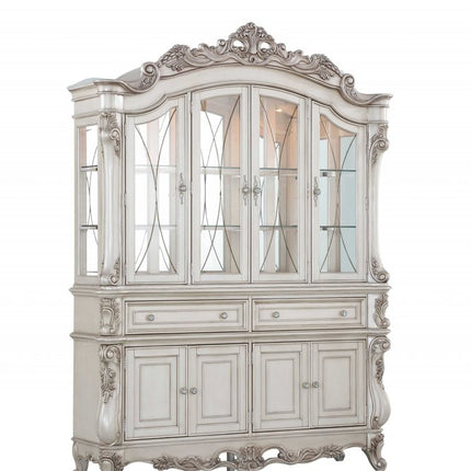24" X 75" X 106" Antique White Wood Glass Mirror Hutch  Buffet HomeRoots