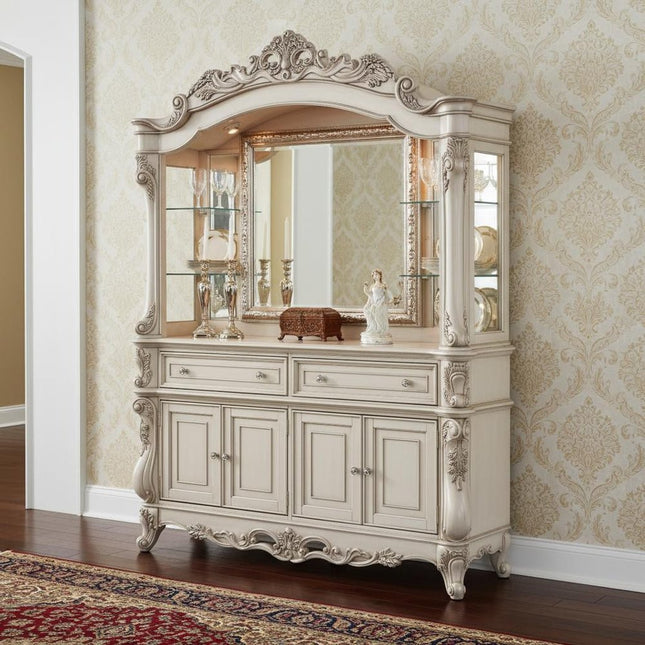 24" X 75" X 106" Antique White Wood Glass Mirror Hutch  Buffet HomeRoots