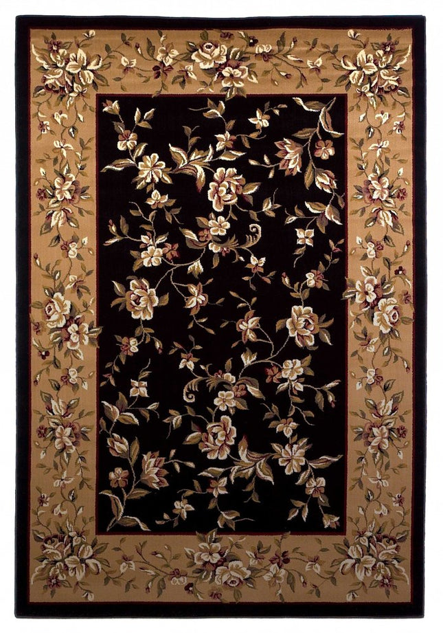 9' X 13' Tan Black And Beige Floral Vines Area Rug HomeRoots