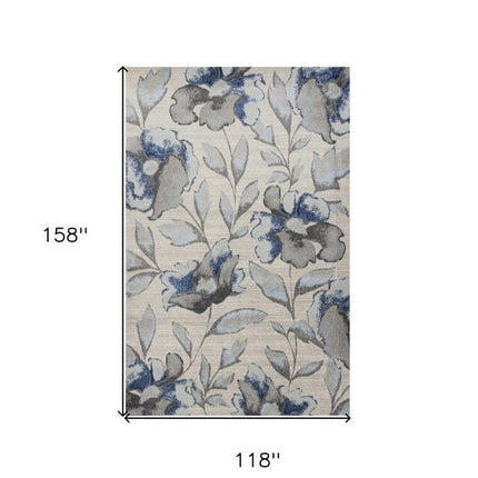 9' X 13' Ivory Blue And Gray Floral Vines Area Rug HomeRoots