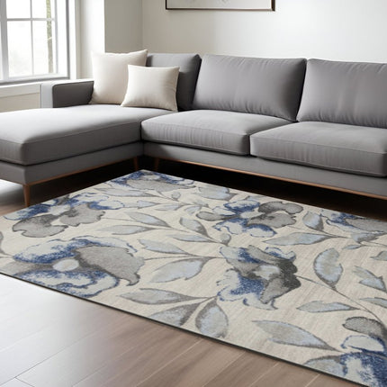 9' X 13' Ivory Blue And Gray Floral Vines Area Rug HomeRoots