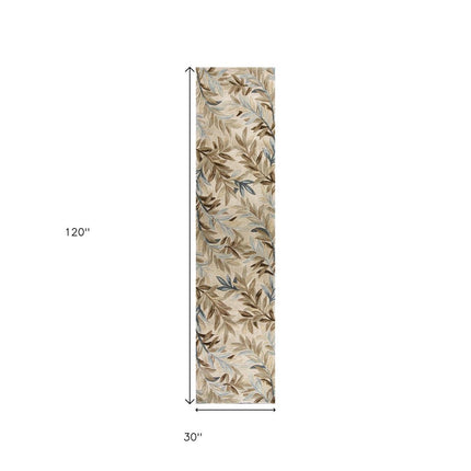 10' Ivory Brown And Blue Wool Botanical Leaves Hand Tufted Area Rug HomeRoots