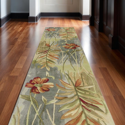 10' Blue And Green Wool Tropical Botanical Hand Tufted Runner Rug HomeRoots