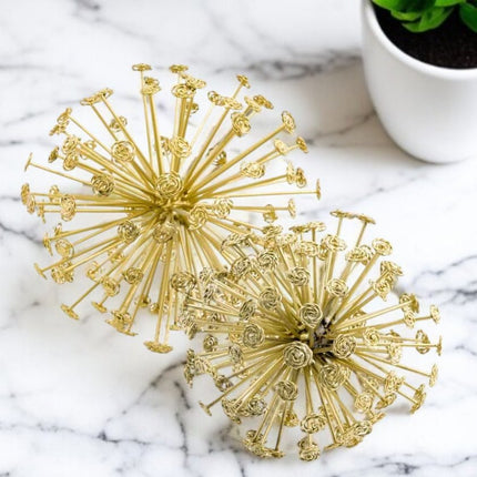 Set of Two Gold Cast Iron Decorative Spiky Sphere Tabletop Sculptures HomeRoots