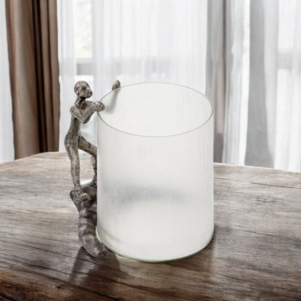 10" Silver And Glass Climbing Man Hurricane Candle Holder HomeRoots