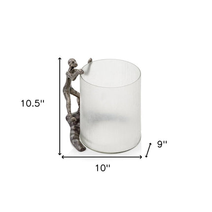 10" Silver And Glass Climbing Man Hurricane Candle Holder HomeRoots