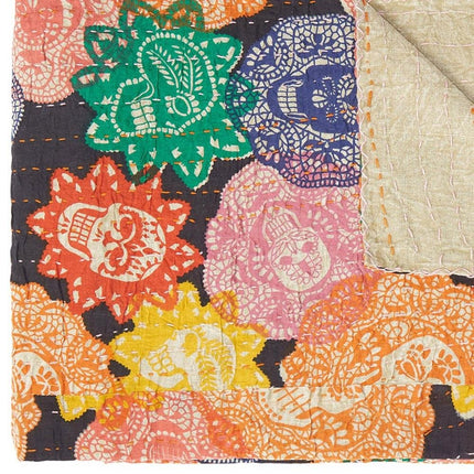 50" X 70" Black Green Red and Pink Kantha Cotton Patchwork Throw Blanket with Embroidery HomeRoots