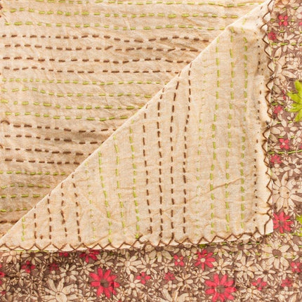 50" X 70" Green and Brown Kantha Cotton Floral Throw Blanket with Embroidery HomeRoots
