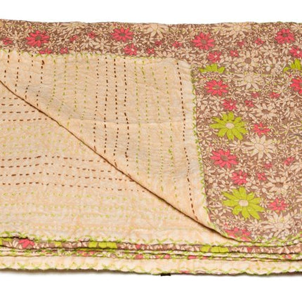 50" X 70" Green and Brown Kantha Cotton Floral Throw Blanket with Embroidery HomeRoots