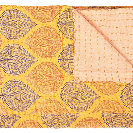 50" X 70" Orange Blue and Yellow Cotton Kantha Patchwork with Embroidery HomeRoots