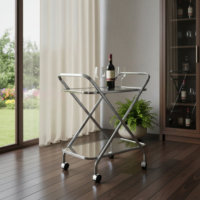 26" Silver Metal and Glass Rolling Bar Cart