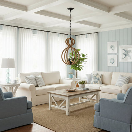 Natural and Black Iron and Rope Three Light Ceiling Light HomeRoots