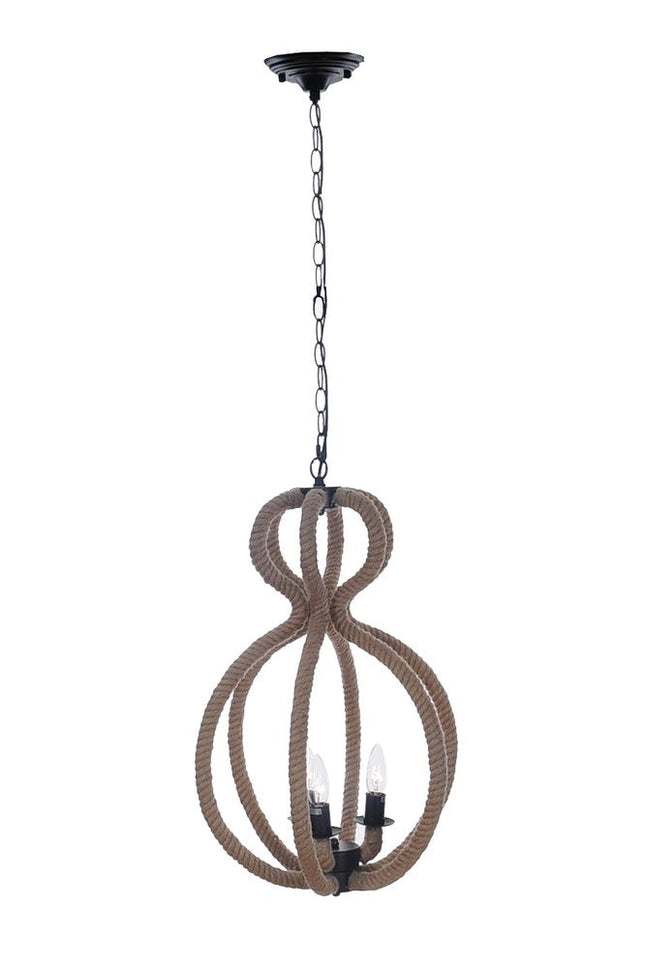 Natural and Black Iron and Rope Three Light Ceiling Light HomeRoots