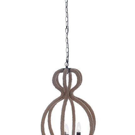 Natural and Black Iron and Rope Three Light Ceiling Light HomeRoots