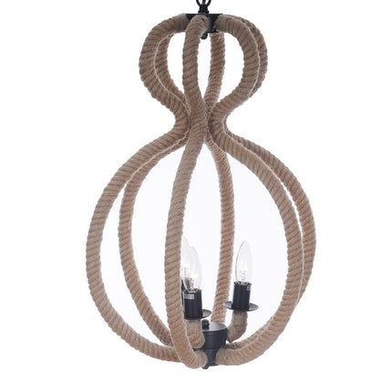 Natural and Black Iron and Rope Three Light Ceiling Light HomeRoots