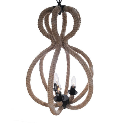 Natural and Black Iron and Rope Three Light Ceiling Light HomeRoots