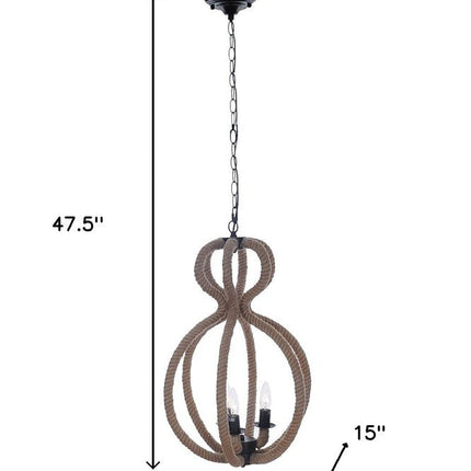Natural and Black Iron and Rope Three Light Ceiling Light HomeRoots