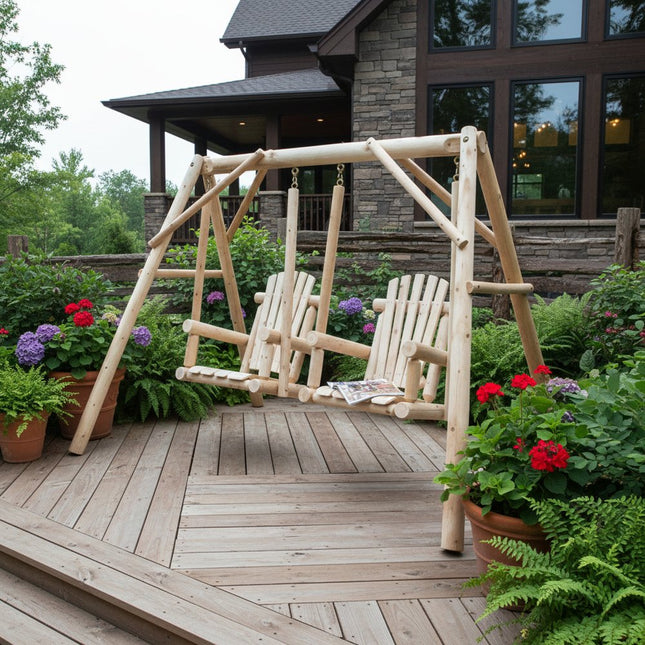 87" Natural Solid Wood Outdoor Double Swing Chair HomeRoots