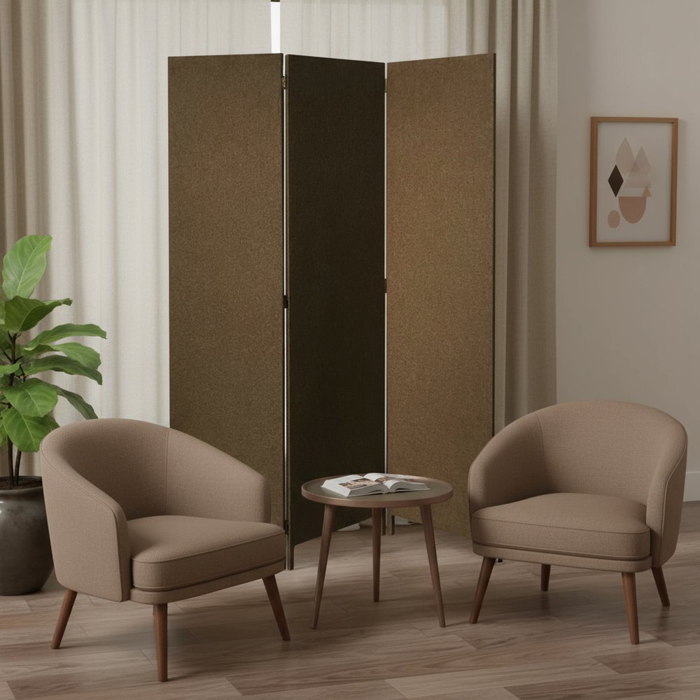 Brown Upholstered 3 Panel Room Divider Screen