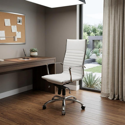 White and Silver Adjustable Swivel Faux Leather Rolling Conference Office Chair