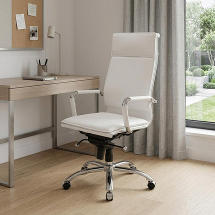 White and Silver Adjustable Swivel Faux Leather Rolling Executive Office Chair HomeRoots