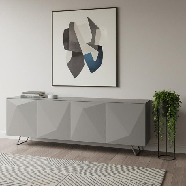 94" Gray Wood And Glass Carved Geometric Sideboard HomeRoots