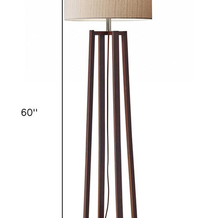 60" Brown Solid Wood Novelty Floor Lamp With Beige Fabric Drum Shade HomeRoots